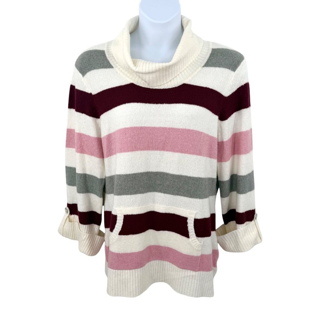 STYLE & CO STRIPED COWL NECK SWEATER W/ POCKET PINK MAROON GRAY IVORY - XL